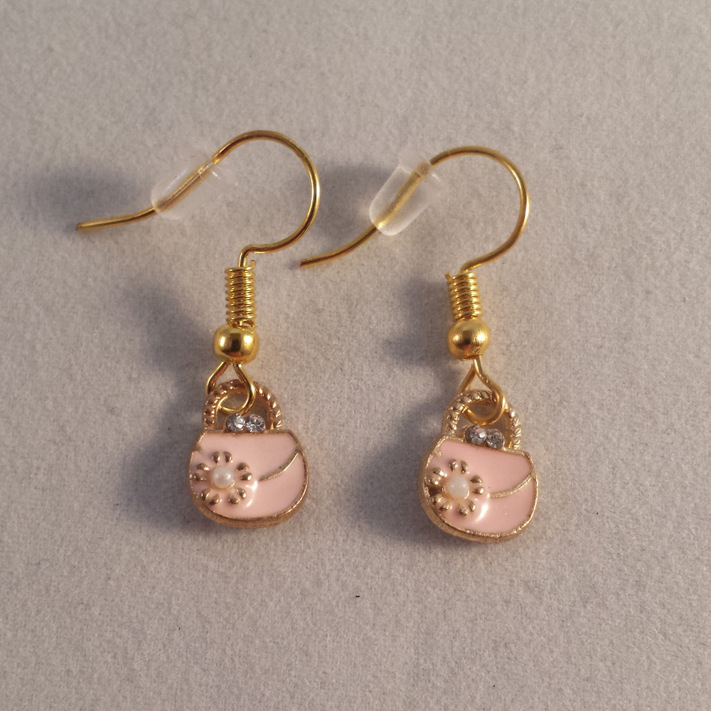 Gold Plated Pearl Crystal Pink Purse Handbag Dangle Earrings Party Gift
